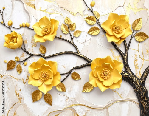 Gold flowers on a marble-like background