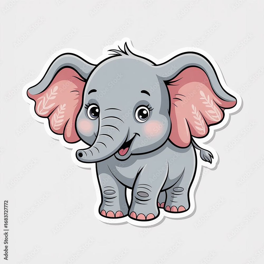 Fototapeta premium A funny, gray baby elephant with a pink trunk is a cute cartoon character illustration for a wild jungle safari adventure
