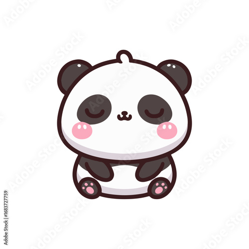 Cute cartoon panda character sitting peacefully with closed eyes, surrounded by a simple background