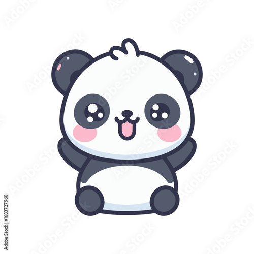 Cute cartoon panda character with a joyful expression, sitting against a plain background