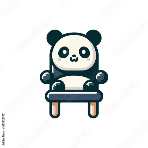 Cute cartoon panda sitting on a chair, smiling cheerfully in a minimalist setting