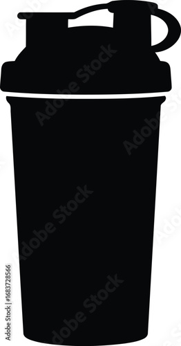 Silhouette of a black protein shaker bottle with lid open for fitness and nutrition vector