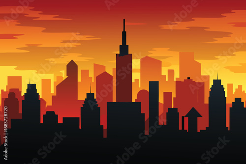 Vibrant cityscape silhouette against a fiery sunset sky