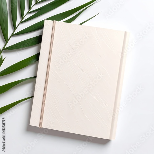 A cream-colored, rectangular notebook rests on a white surface, beside a palm leaf.  Its smooth cover has a subtle diagonal texturing