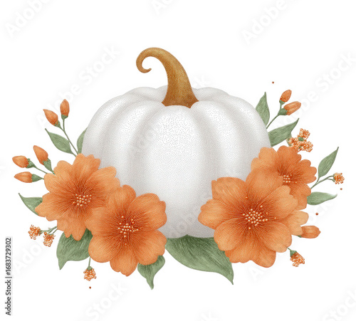 White pumpkin with orange flowers isolated on transparent background