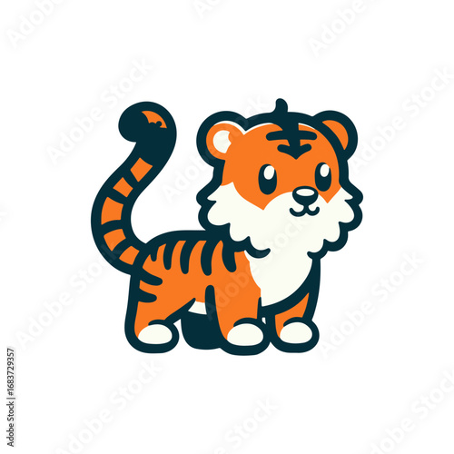 Cute cartoon tiger standing playfully with a cheerful expression against a white background