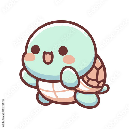 Cute cartoon turtle character smiling joyfully, set against a plain white background, ideal for children’s media