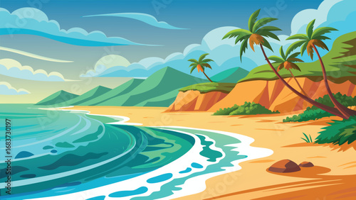Vibrant tropical beach paradise with turquoise waters and lush greenery