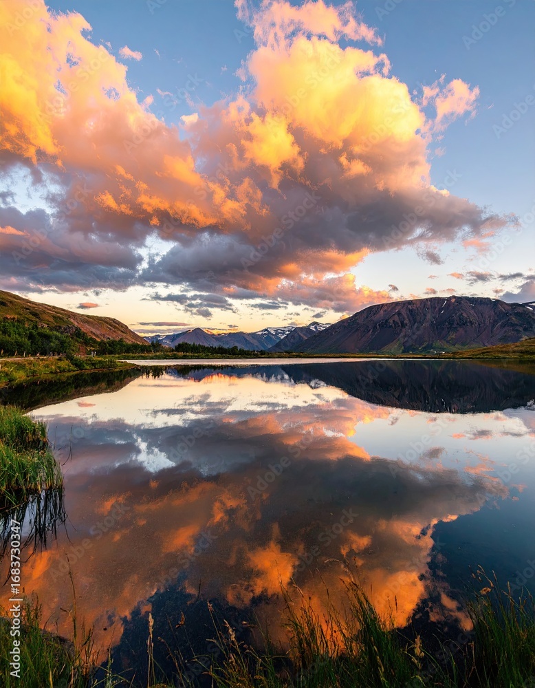 Fototapeta premium Sunset over a calm lake, reflecting vibrant clouds