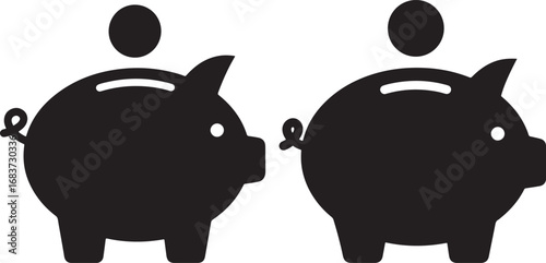 Two piggy bank silhouettes with coins isolated on white background