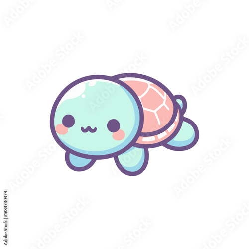 Cute cartoon turtle with a pastel shell swimming joyfully in a serene underwater scene