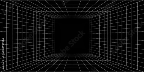 Futuristic perspective grid box. Abstract wireframe with white grid line on black background. Virtual reality landscape in 80s 90s digital style. Vector