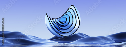 3d render of surreal panoramic background. Abstract minimal wallpaper of fantastic landscape with glass shapes, hills and reflection in the water.