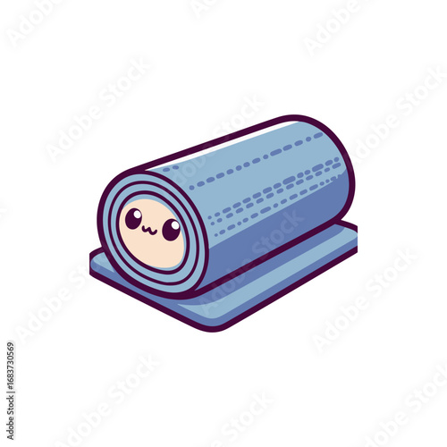 Cute cartoon yoga mat with a smiling face, rolled up on a flat surface, bright background