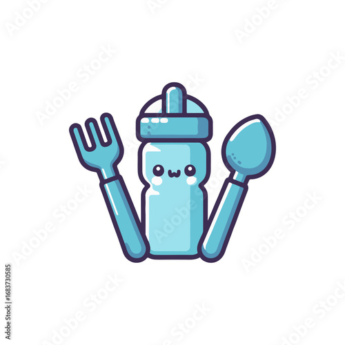 Cute cartoon-style feeding bottle with fork and spoon, ideal for children's mealtime illustrations