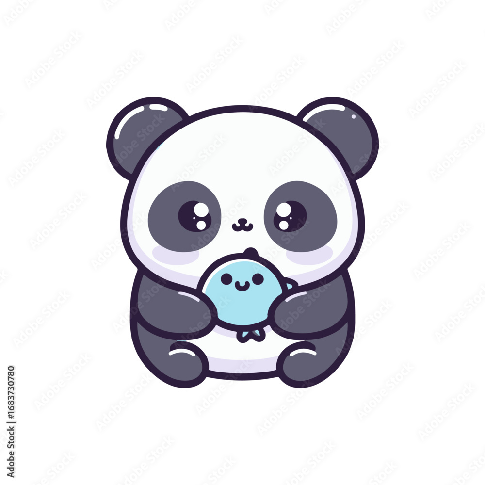 Naklejka premium Cute panda holding a small blue creature, set against a plain white background