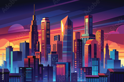 Vibrant cityscape with colorful skyscrapers at sunset with dramatic clouds