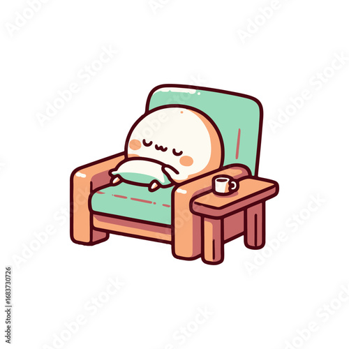 Cute character relaxing in a cozy chair with a cup beside, peaceful indoor setting