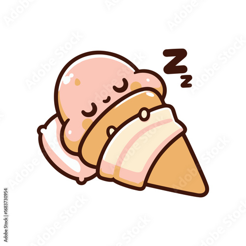 Cute sleeping ice cream cone character with a pink scoop and peaceful expression