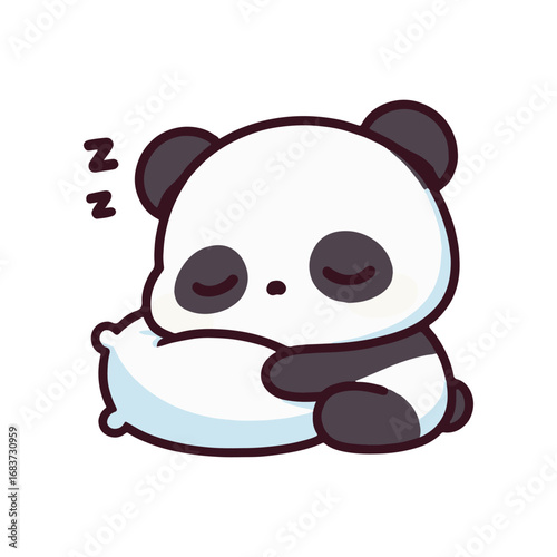 Cute sleeping panda hugging a pillow, surrounded by a serene and playful background