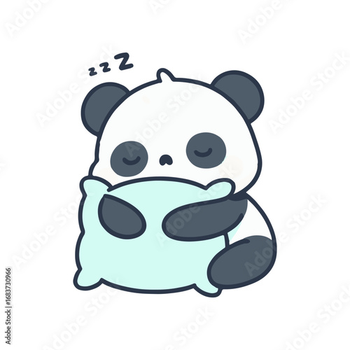 Cute sleeping panda cuddling a soft pillow in a serene, cartoon-style illustration