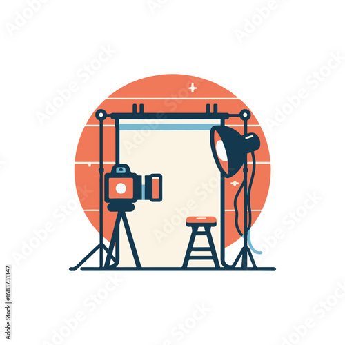 Photography studio setup featuring a camera, light, and stool against a vibrant background