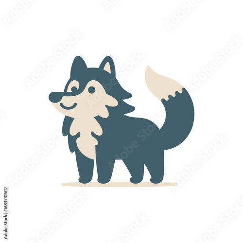 Playful cartoon wolf character standing cheerfully against a simple white background