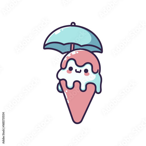 Playful ice cream cone with a smiling face under a blue umbrella, set against a white background