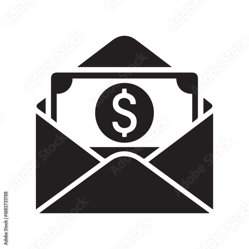 Salary in envelope icon. Vector dollar bills in envelope minimal icon. Vector black silhouette. with white background