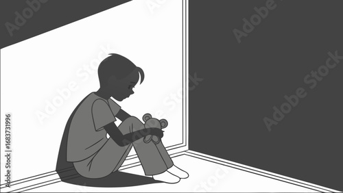 Lonely Child Sitting with Broken Toy – Vector Illustration Symbolizing Neglect, Sadness, and Emotional Awareness