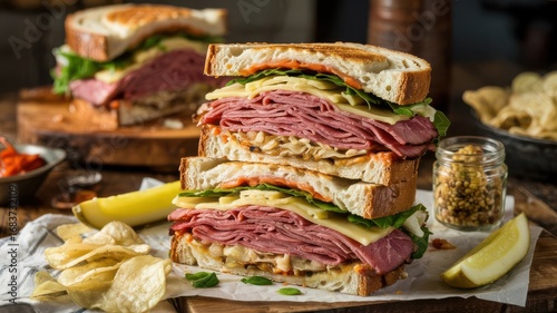 Sandwich presentation featuring towering deli-style pastrami sandwich cut in half revealing thick layers of meat, cheese and vegetables on rustic bread with pickles and chips