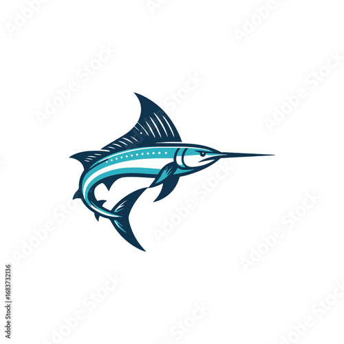 Stylized illustration of a marlin fish swimming gracefully in clear waters, showcasing vibrant colors