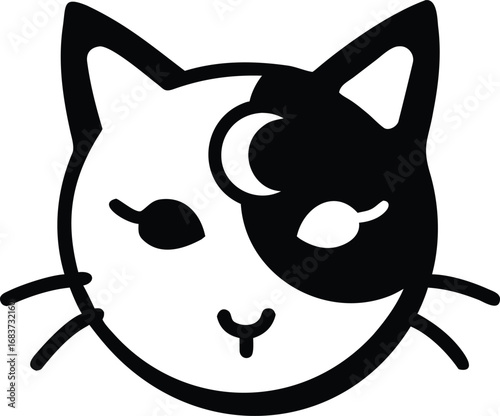 Black and white stylized cat face with a crescent moon on its forehead and closed eyes feline animal