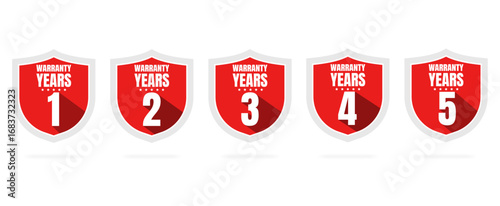 Warranty shield label icon badge, 1 years, 2 years, 3 years and 5 years warranty stamp. Vector