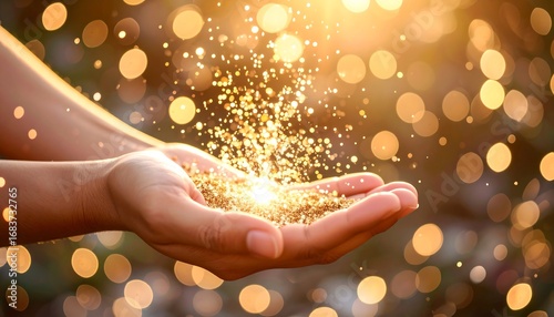 Golden particles held in hands, soft light