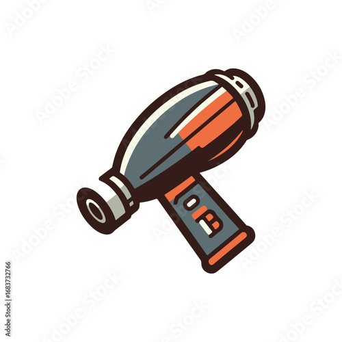 Vintage-style illustration of a handheld hairdryer on a clean background, showcasing its design and functionality