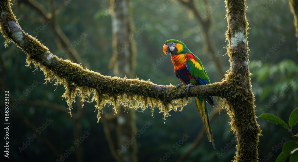 Obraz premium Vibrant parrot perched on a mossy branch in a lush forest