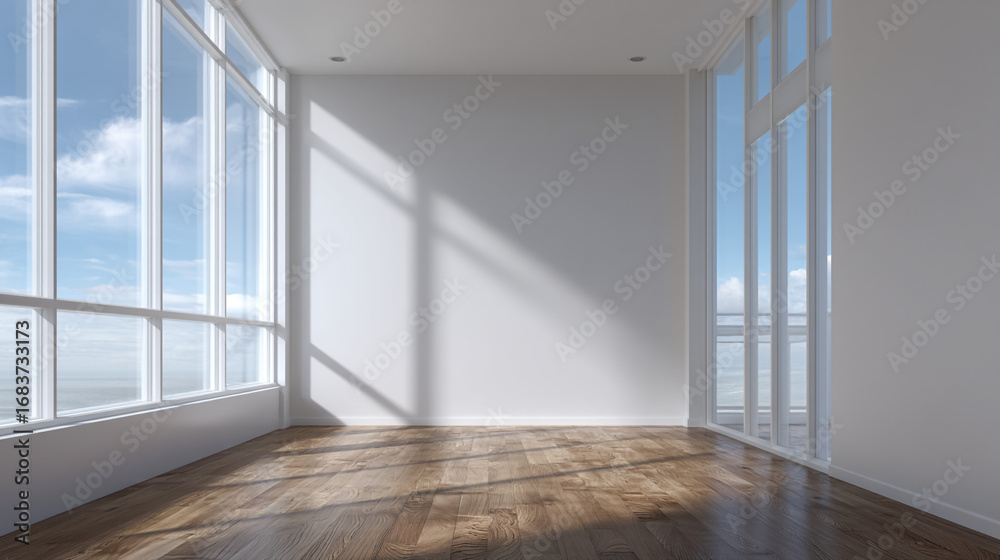 Obraz premium Bright empty room with hardwood floor and large windows showcasing a cloudy blue sky view outside