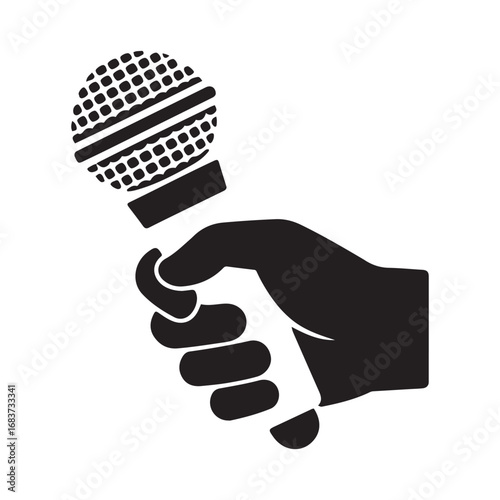 Hand holding microphone icon. Vector interview or news concept symbol or logo element in thin line style. Vector black silhouette. with white background