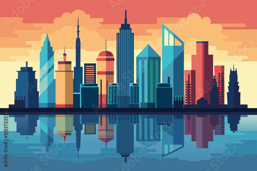 Modern city skyline with reflections at sunset