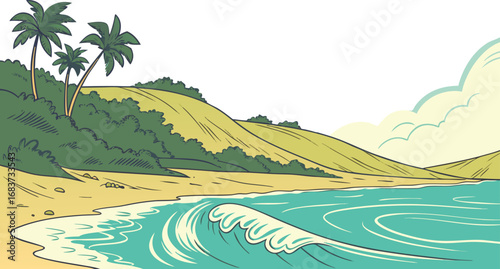 Vibrant tropical beach paradise with turquoise waters and lush greenery