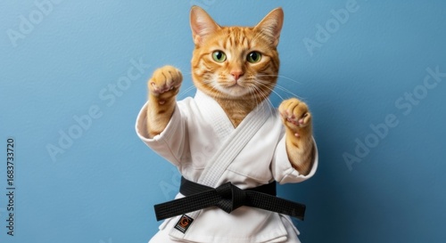 Master of whisker-fu, an adorable ginger cat in a white kimono with a black belt is ready for a karate showdown against a vibrant blue studio background