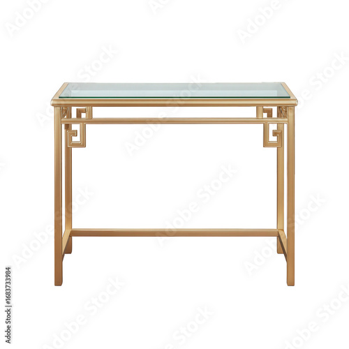 Modern gold console table with glass top isolated on transparent background