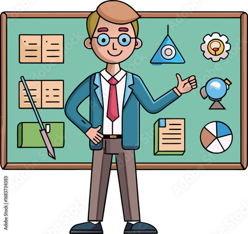 A Cheerful Male Teacher Stands Before A Chalkboard Filled With Educational Symbols