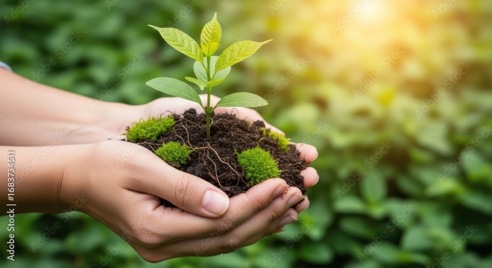 Fototapeta premium Caring hands gently hold a young green plant with soil amidst lush greenery and sunlight