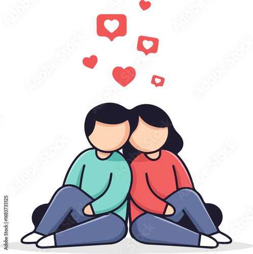 Couple sitting back to back with hearts floating above them, isolated on white background