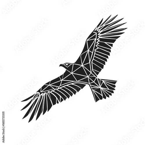 Abstract black geometric silhouette of a majestic soaring raptor, symbolizing power and freedom, rendered with a modern polygonal design