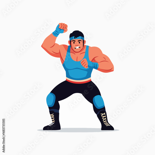 Muscular Fighter in Blue Tank Top and Black Pants Ready for Battle