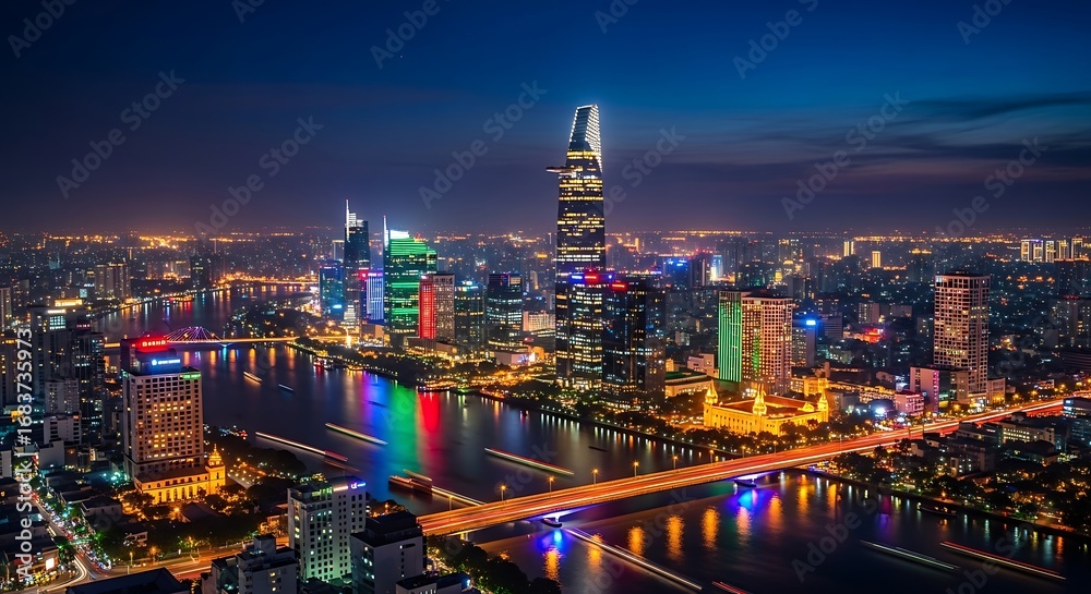 Fototapeta premium Panoramic view of a vibrant city skyline at night, illuminated by countless lights and a glowing river