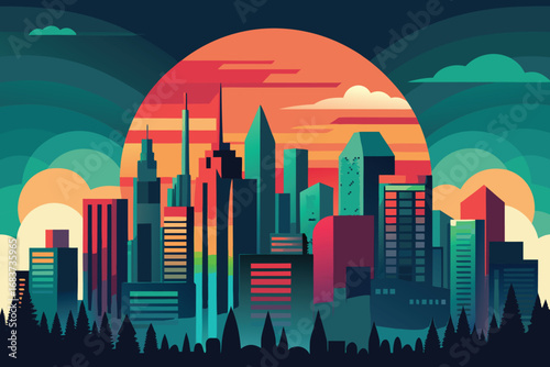 Stylized cityscape silhouette against a vibrant sunset sky